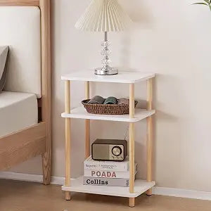 Apicizon 3 Tier Nightstand, End Table with Storage Shelf, White+Natural