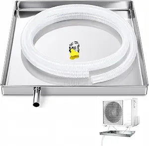Air Conditioner Drip Pan 16 Inch Stainless Steel External Unit Water Tray with 6.5 Feet Drain Hose and Clamp Universal Ac Drain Pan for Portable and Outdoor Air Conditioning Units