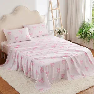 CCoutueChen Bow Bed Sheets Queen Size 4 Piece Sheet Set, Pink Heart Bowknot Pattern Fitted Flat Sheets & Pillowcases, Coquette Aesthetic Bedding Toddlers, Deep Pocket, Soft 100% Microfiber