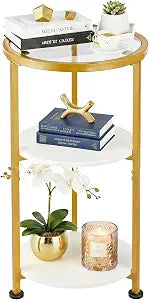 3-Tier Tempered Glass Side Table, White & Gold