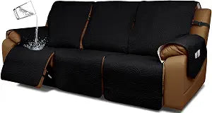 100% Waterproof Recliner Sofa Cover,Non Slip Couch Cover for Reclining Sofa Washable Furniture Protector with Elastic Straps Pocket for Kids, Pets (Black, 3 Seater)