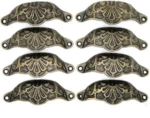 8 PCs Seashell Shaped Pull Handles with Antique Brass Finish Cabinet Cup Pulls - with Embossed Pattern, Length 3.9-in Height 1.3-in