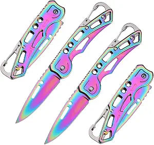 2 Pack Cool Pocket Knife Bulk (Multicolored Titanium) with Key Ring