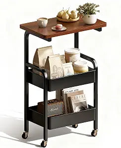 3 Tier Metal Rolling Utility Cart Organizer with Walnut Table Top, Stable and Sturdy Rolling Storage Carts with 2 Lockable Wheels for KitchenBathroomSnacksCoffeeCraftMakeupBaby Essentials