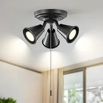 3-Light GU10 Ceiling Light with Pull Chain Industrial Adjustable Track Light Fixture with 3 Rotatable Heads,Black Pull Chain Light fixture for Dining Room, Living Room, Bedroom, Kitchen, Hallway