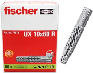 fischer Universal Plug UX 3/8" x 2-3/8" (10x60 mm) Wall Anchors with Rim for Solid, Hollow and Board Building Materials Knotting and Expanding Nylon Anchors - 50 Anchors