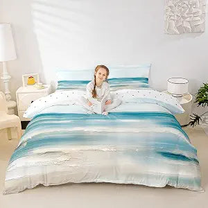Erosebridal Abstract Beach Duvet Cover Queen Size Teal Oil Painting Bedding Set for Kids Boys Girls Ocean Sea Wave Lake Comforter Cover Summer Nature Landscape Hawaii Farmhouse Bedclothes