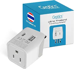 Ceptics Thailand Travel Plug Adapter Type O Power Adapter with USB-C & A + USA Input Ultra Compact,3-in-1 Safe Grounded Adapter Plug for Thailand