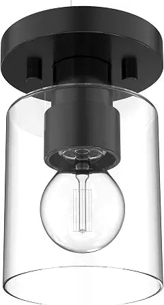 DYMOND Industrial Semi-Flush Mount Ceiling Light, Cylinder Glass Shade Light Fixture with E26 Base, for Kitchen Island, Hallway, Foyer, Porch, Pantry Room, Laundry Room (Black)