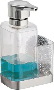 mDesign Modern Plastic Kitchen Sink Countertop Liquid Hand Soap Dispenser Pump Bottle Caddy with Storage Compartment - Holds and Stores Sponges, Scrubbers and Brushes - Clear/Brushed