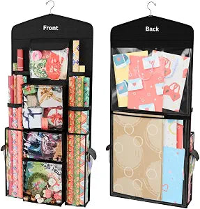 ProPik Hanging Double Sided Wrapping Paper Storage Organizer With Multiple Pockets Organize Your Gift Wrap, Gift Bags Bows Ribbons 40"X17" Fits 40 Inch Rolls Clear PVC Bag (Black)