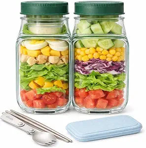 Salad Bowl Jar with Lid, Side Opening Salad Pod Lunch Solution, Free Food Grade Salad Container with Leakproof Dressing Cup, Meal Prep for Work, Gym,On The Go (Basic Set(2PCS Salad Pod + Cutlery))