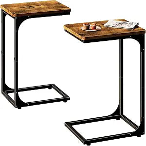 QEEIG C Shaped End Table Side Tables for Couch Set of 2, Brown