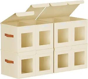 Homsorout Large Closet Storage Bins - Collapsible Divided Clothes Organizer with Lids & Dual Window, Fabric Organizing Bins for Clothes, Sweater, Bedroom, Office (Beige, 4 Pack)