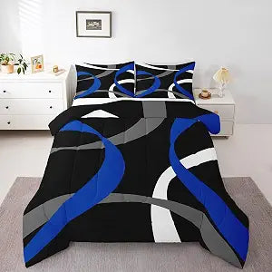 Modern Abstract Comforter Set Twin Size,Navy Blue Grey Black Bedding Sets 2Pcs for Kids Boys Men Adult Room Decor,Spiral Artistic Striped Quilt Set Geometric Lines Duvet Insert,1 Pillowcase