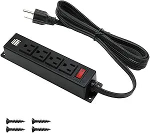 Mountable Power Strip with USB Ports,Wall Mount Power Outlets Screw Down Power Socket in Desk Under Cabinet Power Station 4AC Outlet 2 USB 6.56 Feet Extension Cord, On&Off Switch Black