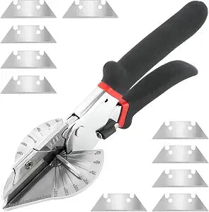 Miter Shears, Multi-Angle Shear Cutter with 10 Replacement Blades, 45-135 Adjustable for Trunking, Soft Wood & Plastic, Heavy-Duty Titanium Alloy, Non-Slip Grip, Safety Lock