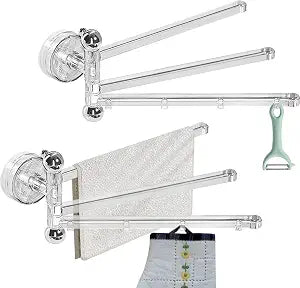 2PCS Swivel Suction Cup Towel Bar 3 Swing Arms 270Rotation Wall Mounted Cloth Drip Dry Holder Multifunctional Storage Rack for Bathroom and Kitchen Accessories Transparent
