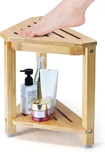 Boulphia Shower Foot Rest 13.8in, Bamboo Shower Stool for Shaving Legs, Waterproof Corner Shower Stool with Storage Shelf, Shower Foot Stool for Inside Small Shower Spaces