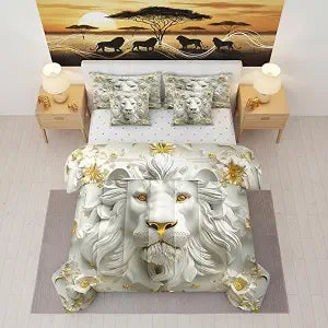 Manfei Wild Lion Comforter Set with Sheets 7 Piece King Size