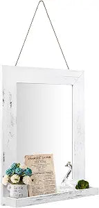 QDSSDECO 16" x 20" Farmhouse Wall Mirror with Shelf and Hemp Rope, White