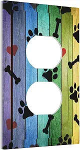 Decorative Light Switches Cover Rainbow Woodgrain Dog Paw 1 Gang Outlet Plate Covers Decorative Single Duplex Wall Plate Electric Socket Faceplate
