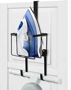 ORLESS Over The Door/Wall Mount Ironing Board Hanger, Laundry Room Iron and Ironing Caddy Board Storage Holder, Black