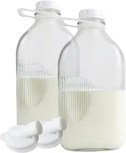 The Dairy Shoppe Heavy Glass Milk Bottles - Jugs with Lids and Silicone Pour Spouts - Clear Milk Containers for Fridge - Reusable Glass Milk Jug Dispenser - Made in USA (64 oz, 2 Pack)