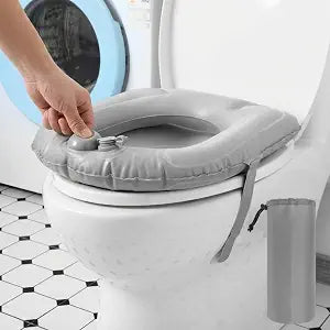 Gilprop Travel Toilet Seat Riser Inflatable Padded Toilet Seat for Seniors Portable PVC Bedside Commode Grey Raised Cushion with Suction Cup and Storage Bag for Elderly Recovery Senior Travel Camping