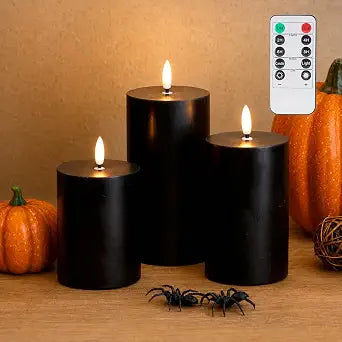 JOIONE Black Halloween Flameless Pillar Candles with Remote Set of 3