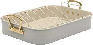 Gibson Home Broxton 2-Piece Nonstick Roaster Pan with Rack 16 x 12 Inch Taupe Turkey Roasting Pan with Cast Aluminum Gold Handles Oven-Safe, Easy-Clean, Holiday Cookware