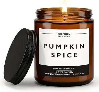 Pumpkin Spice Scented Candles for Home, Natural Soy Wax Candle with Essential Oils, 9oz Amber Jar Aromatherapy Candel, 50H Long & Non-Toxic Burning, Hand Poured, Giftable, Relaxation, Birthday