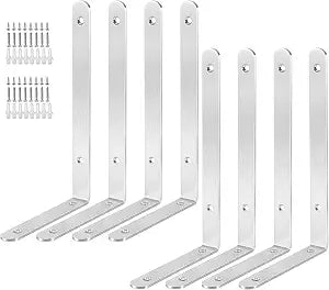 JAPCHET 8 Pack 10 x 6 x 1 Inch Silver L Shelf Bracket, Heavy Duty Stainless Steel 90 Degree Shelving Bracket with Screws Right Angle Shelf Bracket for Floating Shelves and DIY Shelves