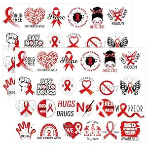 144 Pcs Red Ribbon Week Tattoos Drug Free Temporary Body Stickers