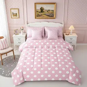 Polka Dots Bed Set in a Bag 7 Pcs,Cartoon French Style Princess Pink White Bedding Set,Modern Geometric Circles Abstract Simple Art Comforter with Fitted,Flat Sheet,Pillowcase,Pillow Covers,Twin