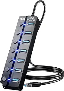 PANPEO 7-Port USB 3.0 Hub On/Off Switches 4ft for Laptop PC