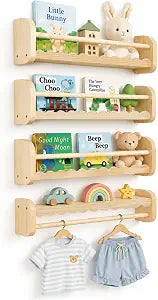 JOLLITO 4-Pack Natural Wood Nursery Floating Shelves with Hanging Rod