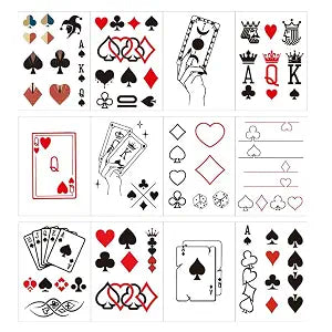 Poker Temporary Tattoos,60 Pcs Small Red heart Plum Blossom Spades Block Dice Playing Card Tattoo for Adult Women Men Decor,Casino Game Night day Gift,Bachelorette Girls Birthday Party Decorations 486
