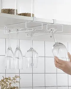 LINFIDITE 2 Pack Wine Glass Holder Stemware Rack Hanger Under Cabinet Wine Glass Rack Kitchen Hanging Storage Rack Organizer,White(For Partition Thickness under 0.98")