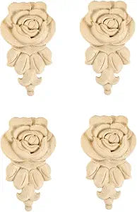 4PCS Wooden Unpainted Carved Onlay Appliques Rose Wood Carving Decal Corner Craft Unpainted Furniture Applique Frame Flower Valentines Day Home Decoration for Dresser Bed Door Cabinet