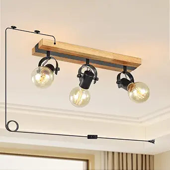 3-Light Plug in Track Light,Farmhouse Plug in Ceiling Light with 177inch Cord,Rotatable Ceiling Spotlight for Kitchen Dining Room Cabinet Hallway Living Room(No Bulb)