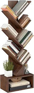FDW 7 Tier Tree Bookshelf, Rustic Brown Floor Standing Bookcase with Storage Cabinet, Tall Narrow Bookshelves Organizer for Bedroom/Living Room/Home Office Corner