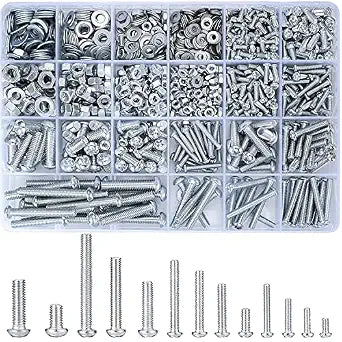 wugongshan 1080 Pcs Screws Bolts and Nuts Assortment Kit, Metric Machine Screws and Nuts and Flat Washers, M3/M4/M5/M6 Cross Slotted Round Head Bolts Sets (C)