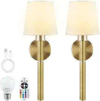 Neddie Battery Operated Wall Sconce Set of 2,Gold Rechargeable Wall Sconce,3 Dimmable Light Bulbs with Remote Control 12-Color Wireless Wall Sconces, Ideal for Bedrooms, Living Rooms& Hallways
