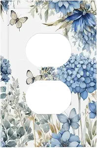 Decorative Outlet Covers Boho Blue Flowers Rustic Beige Butterfly Leaves 1 Gang Wall Plate Receptacle Duplex Light Switch Cover Plate Single Dual Plug Covers Electrical Switchplate