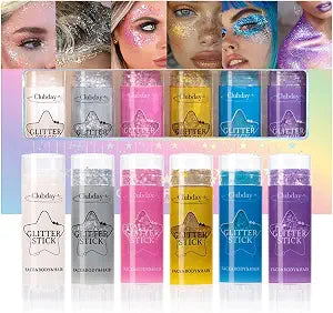 6 Colors Glitter Stick Makeup Set, Face Body Hair Glitter, Shimmer Stick for Festival Rave Party, Concert, Halloween, Cosplay & Dance Sparkle Makeup for Face, Body and Hair, Colorful Glitter Cosmetics
