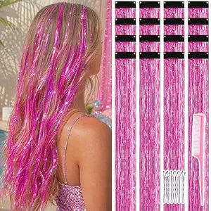 MEEZY 14 Pcs Hot Pink Hair Tinsel Clip In, Hair Accessories 20 Inch 80 Strands Bobby Pin Tinsel Hair Extensions for Crazy Hair Day Disco Costume Birthday Neon Party