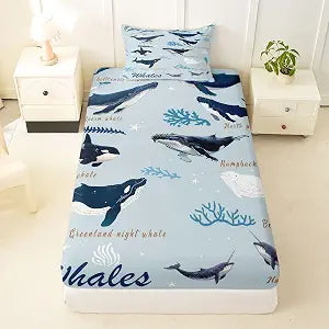 Whale Fitted Sheet Twin for Kids Boys Girls, Coastal Animal Bedding Set, Beach Ocean Creatures Under The Sea Bed Sheets, Nautical Sea Life Whale Bed Set