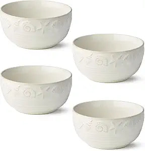 Coastline Cream Stoneware ICE CREAM/DESSERT BOWLS SET of 4, 5.25 x 3 inch embossed coastal shell and starfish bowls with glossy glaze, durable beach house serveware for desserts, snacks