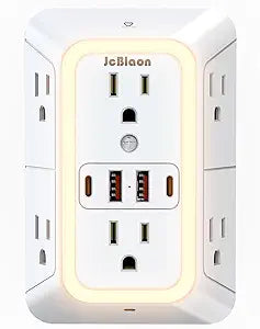 Wall Outlet Extender with Night Light, Power Plug Adapter 6 Outlet Extender with 4 USB Charging Ports 1050J Power Strip Multi Plug Adapter Spaced for Home Travel Office (2U2C)-ETL